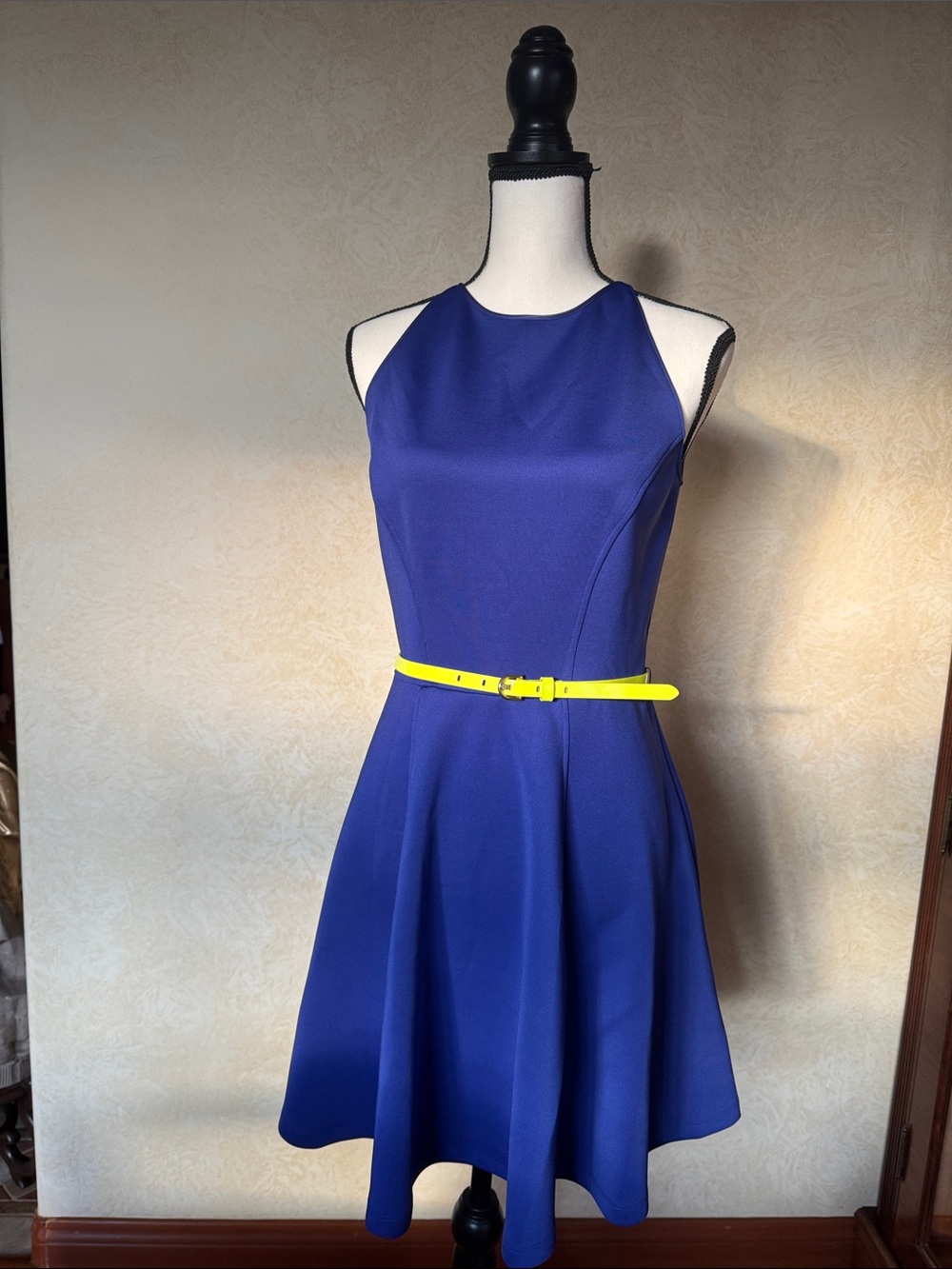 Ted Baker Royal Blue Sleeveless Fit-and-Flare Dress with Yellow Belt